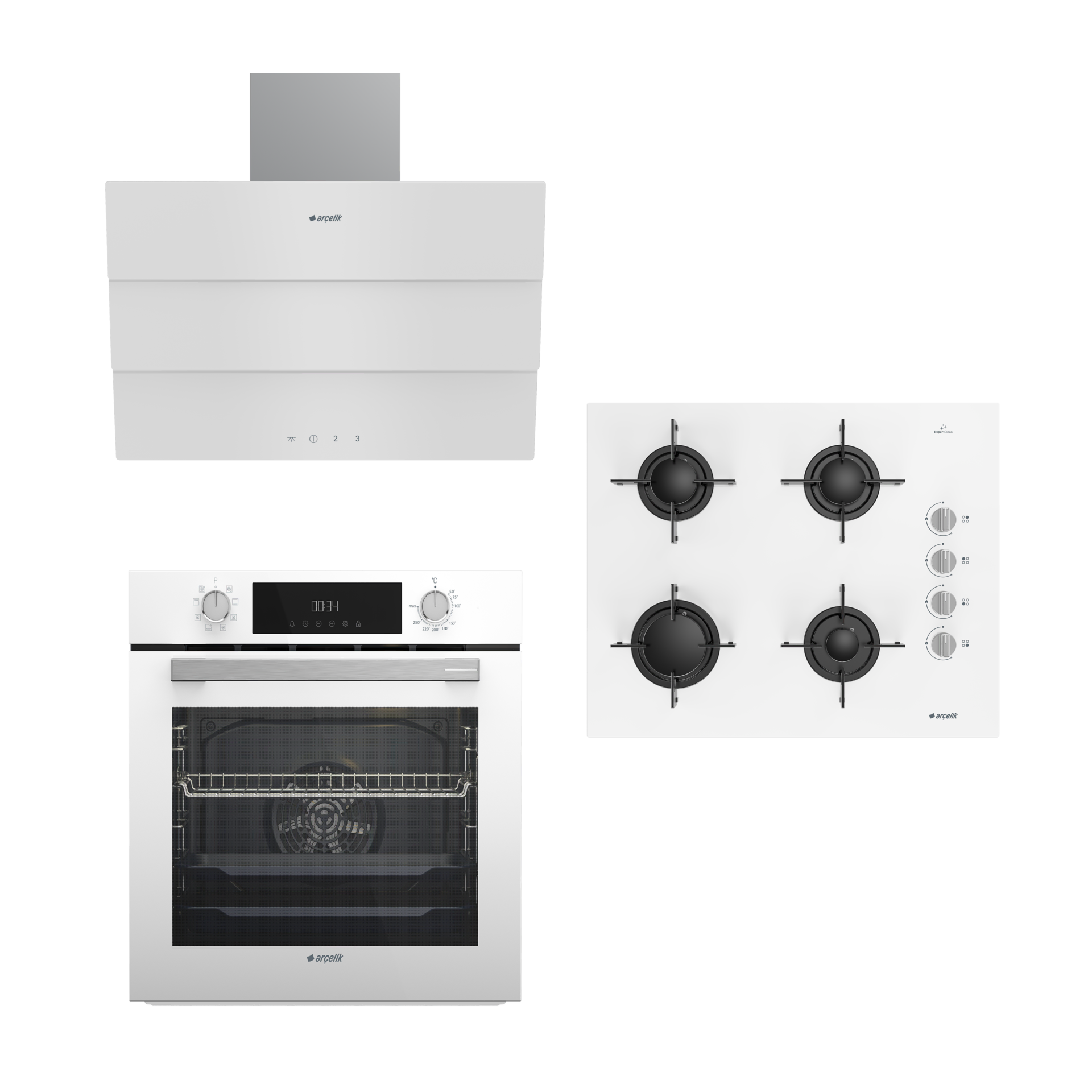 BEYAZ CAM BUHAR ARÇELİK ANKASTRE SET (OCD T 651 EB - AFC 340 B - ADE 605-3 B)