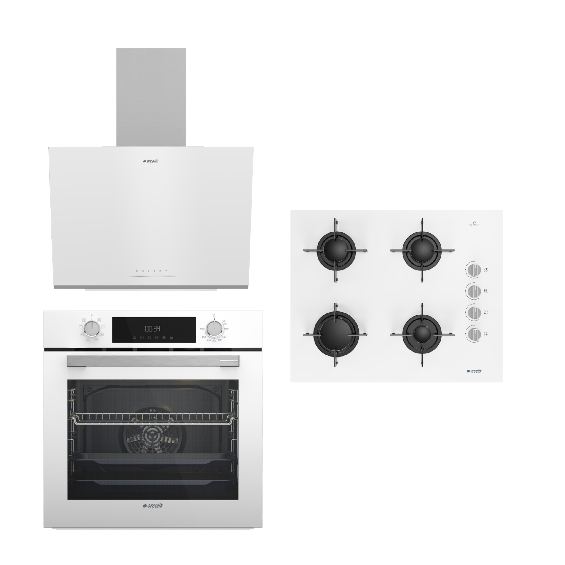 BEYAZ CAM BUHAR DESTEKLİ ARÇELİK ANKASTRE SET (OCD T 651 EB - AFC 340 B - ADE 606-2 B)